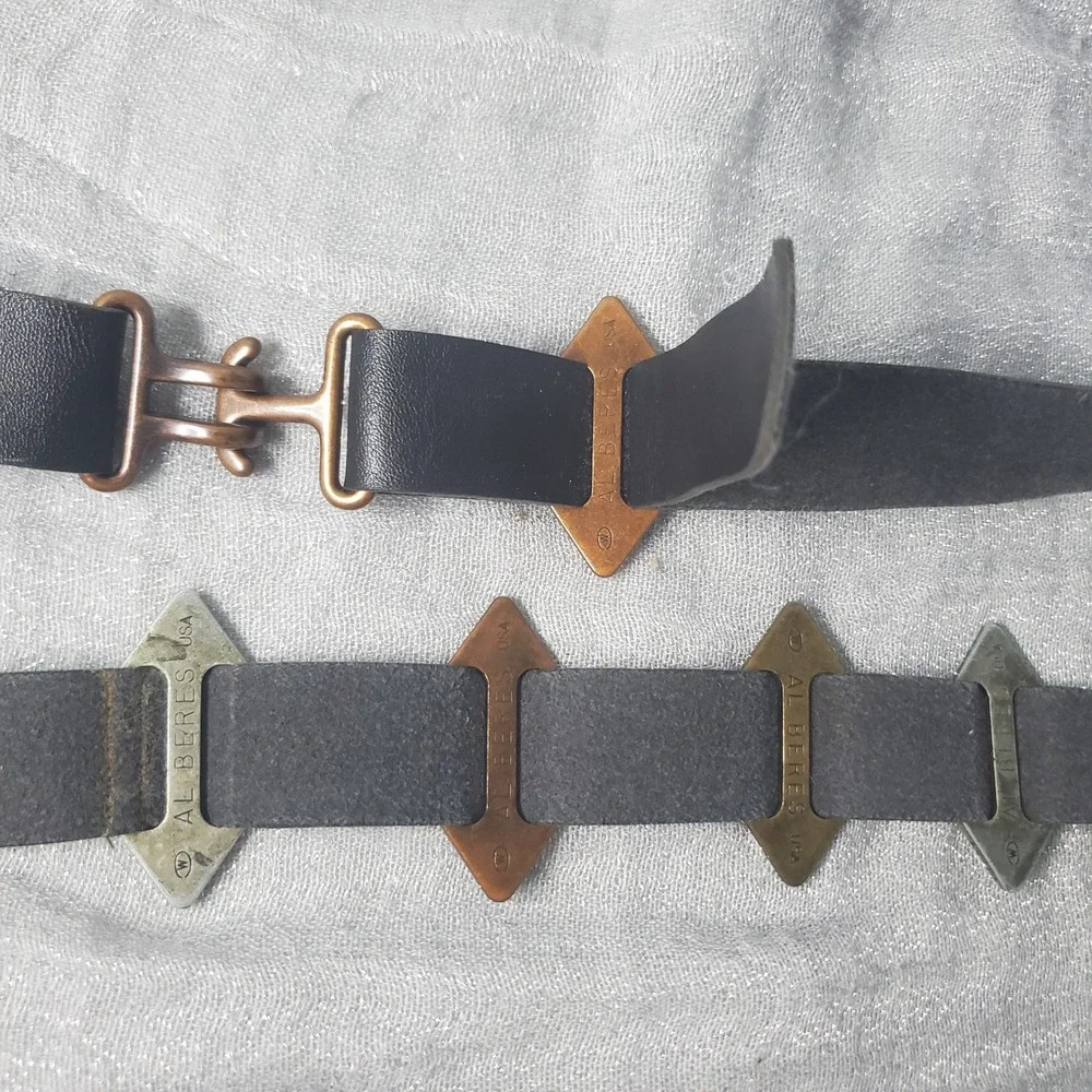 Al Beres USA Vtg Black Leather Belt Mixed Metal Diamond Slides Hook Closure Dune